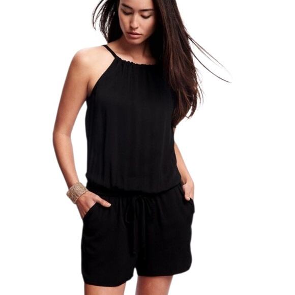 Old Navy Romper Womens Large Sleeveless Halter Neck Twill Black Jack Tie Waist - Picture 1 of 8